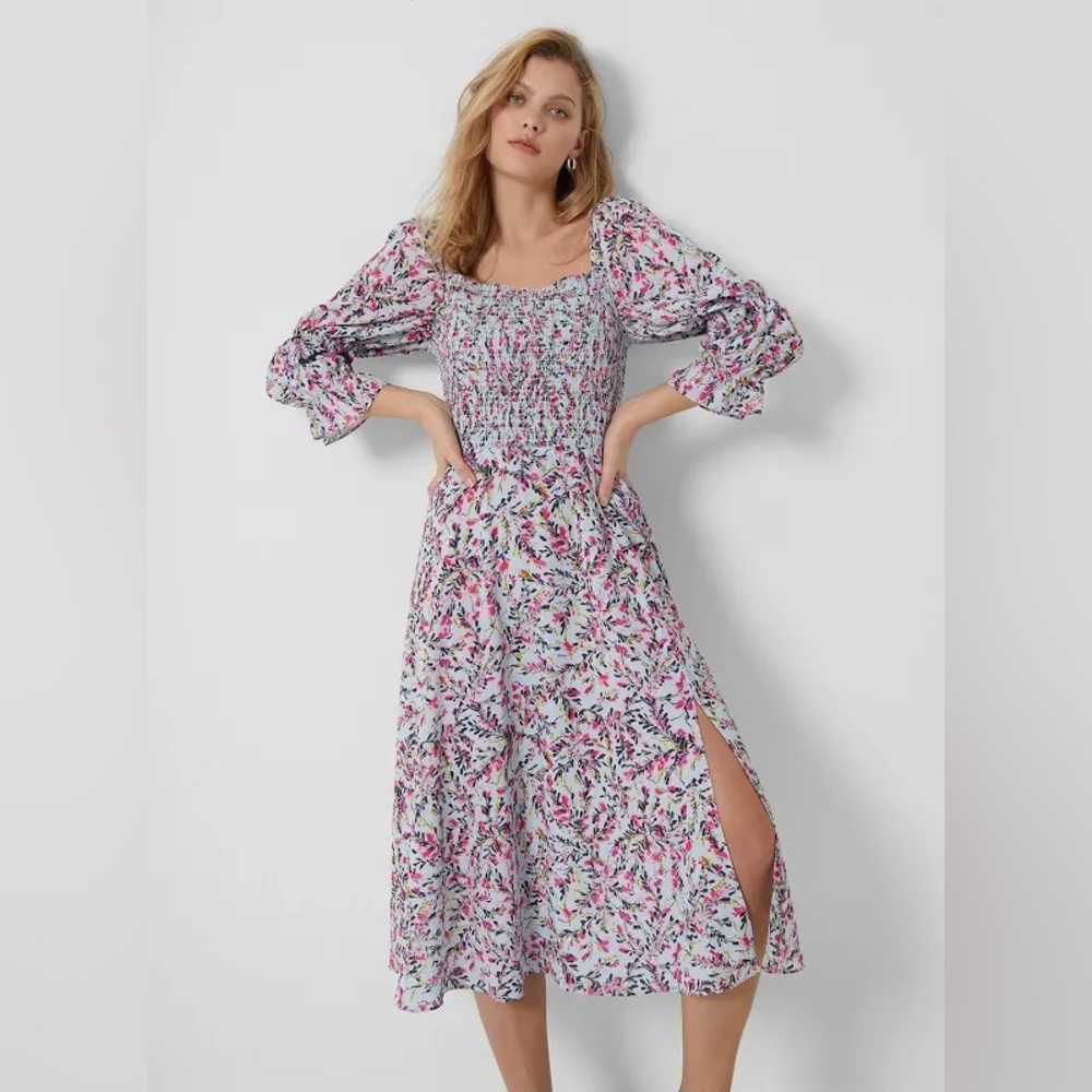 French Connection Womens Verona Smocked Square Neck Midi Dres